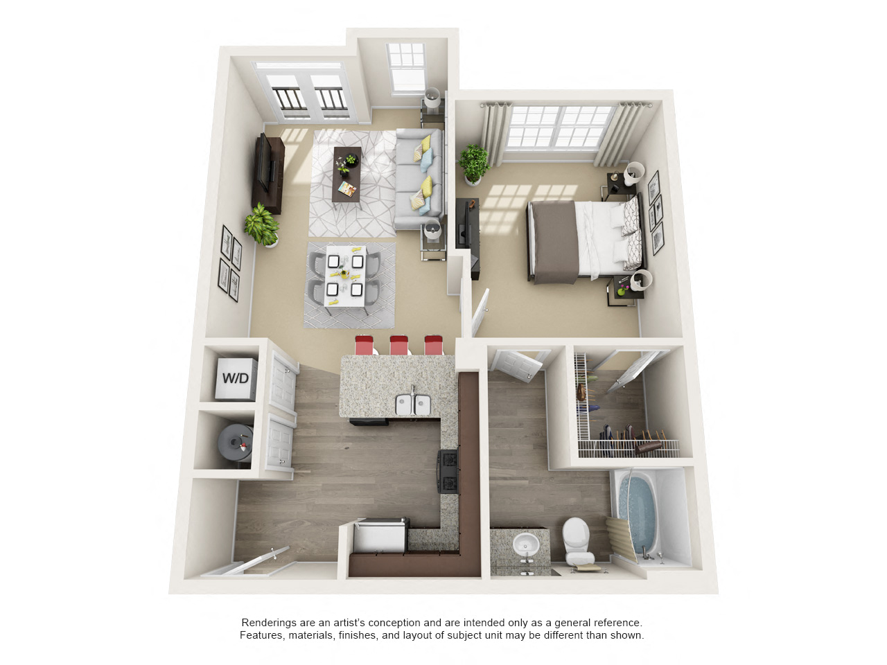 Floor plan for 1 bed, 1 bath, 682 sqft